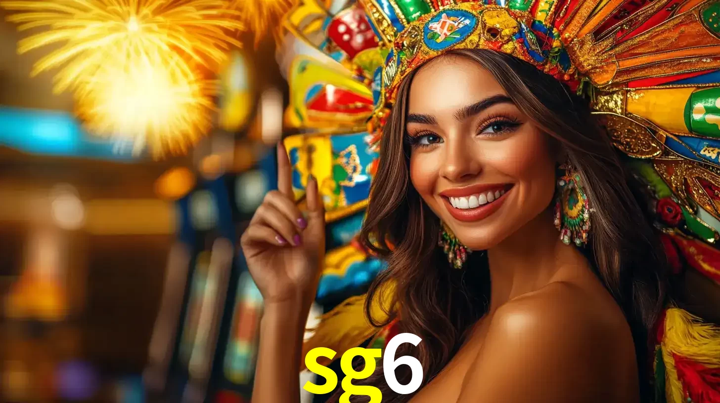 Mulher sorridente com um cocar de carnaval vibrante e colorido, celebrando uma grande vitória nos jogos do cassino sg6 com fogos de artifício ao fundo.
