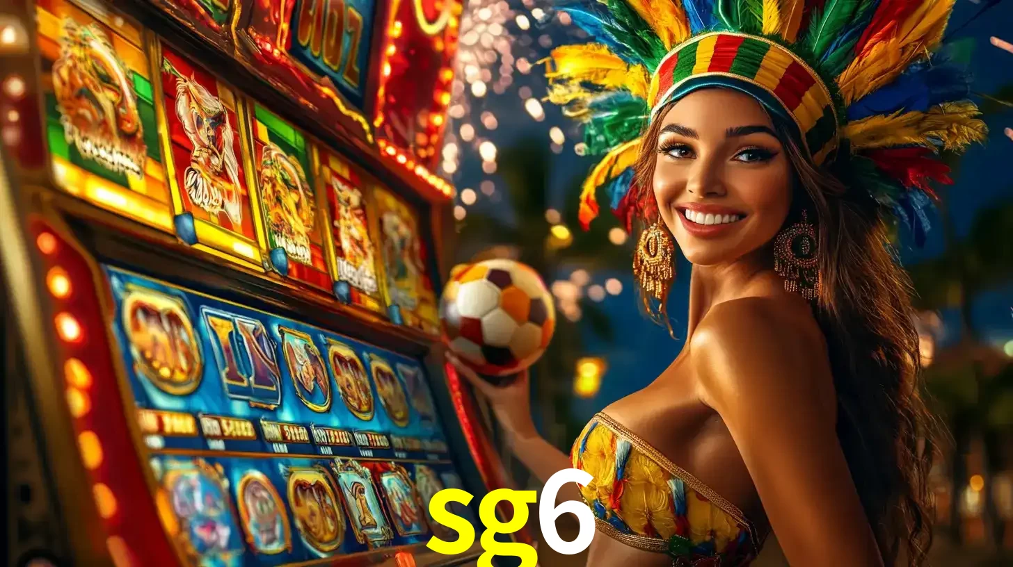 Mulher com um cocar de carnaval ao lado de uma máquina de caça-níqueis enquanto segura uma bola de futebol, mostrando a união da diversão de cassino e esportes no sg6.