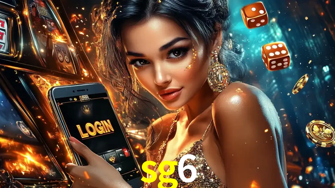 Mulher glamourosa segurando um celular com a tela de login do cassino sg6, rodeada por dados e moedas douradas, pronta para começar a diversão.