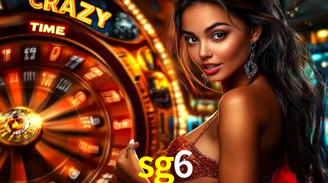Mulher ao lado da roda de prêmios do jogo de cassino ao vivo Crazy Time, um dos shows de jogos mais emocionantes oferecidos pela plataforma de apostas sg6.