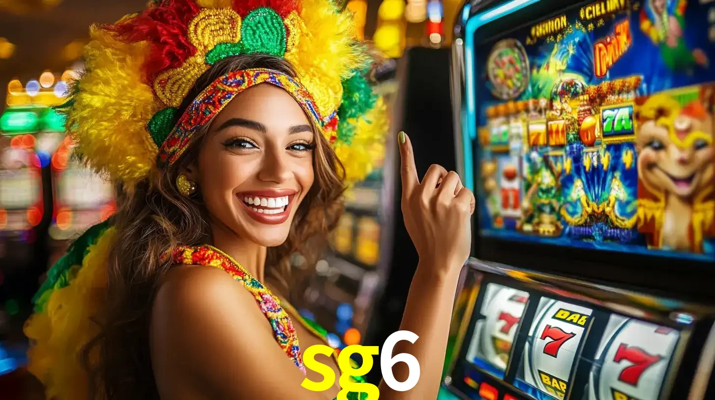 Mulher animada com um cocar de carnaval apontando para uma máquina de caça-níqueis, mostrando a emoção de ganhar um grande prêmio nos jogos do sg6.