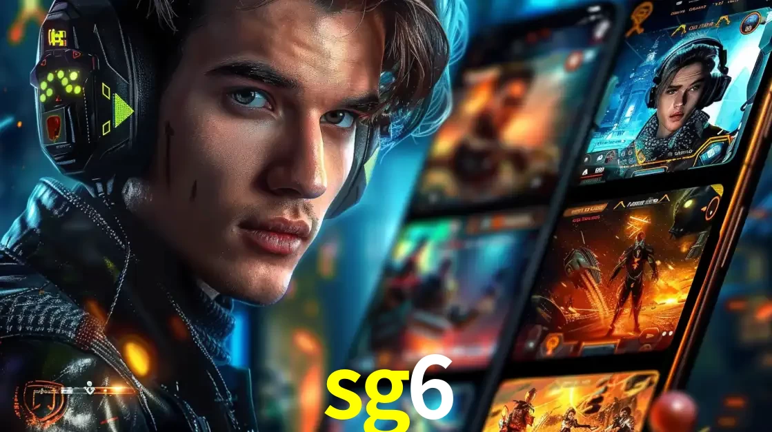 Jovem jogador com fones de ouvido olhando para a câmera, com um aplicativo de jogos e e-sports para celular ao fundo, pronto para a competição e apostas no sg6.
