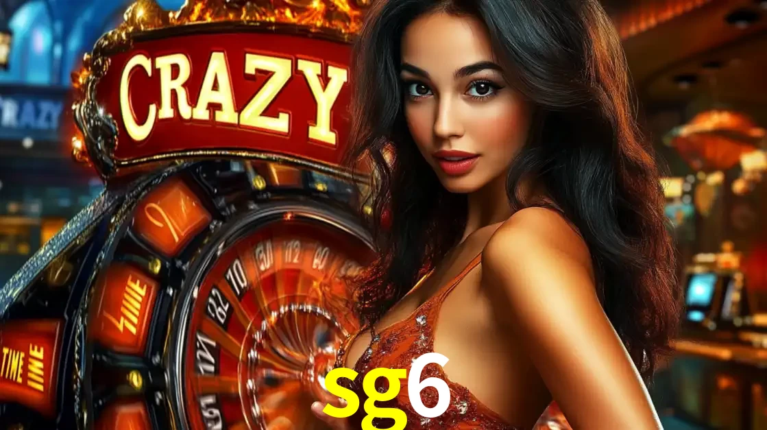 Mulher glamourosa olhando para a câmera com a roda vermelha do Crazy Time ao fundo em um ambiente de cassino, destacando a emoção dos jogos ao vivo no sg6.