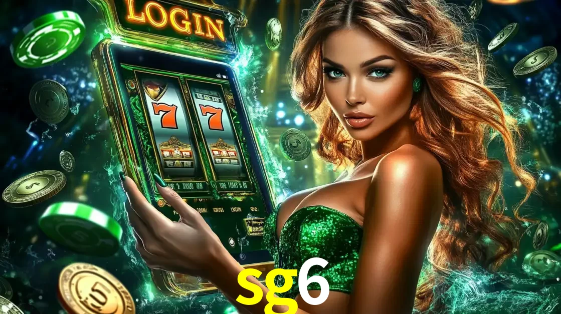 Mulher com tema verde apresentando o aplicativo do cassino sg6 com um jogo de slot de 777, cercada por fichas de cassino e uma aura de sorte.