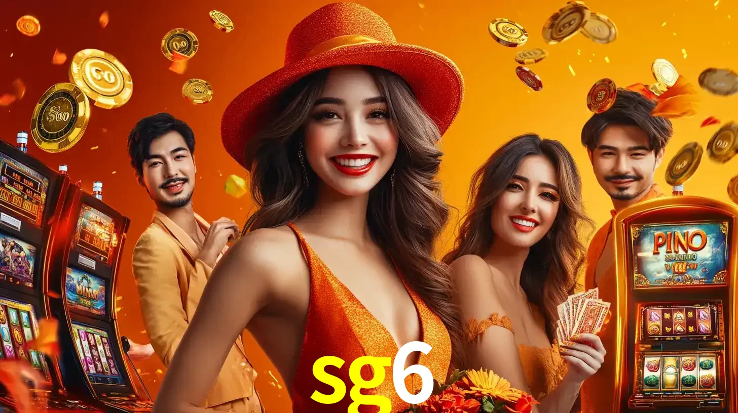 Grupo de amigos asiáticos sorrindo e se divertindo com máquinas de caça-níqueis em um ambiente festivo, celebrando suas vitórias nos jogos de cassino do sg6.