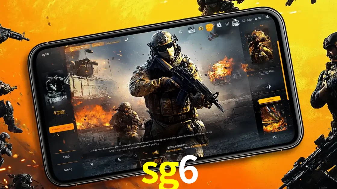 Um smartphone exibindo a interface de um jogo de tiro em primeira pessoa, com um soldado em um cenário de batalha, representando a ação dos e-sports para apostar no sg6.