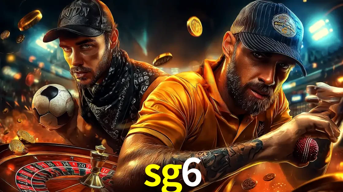 Montagem de apostas esportivas e cassino no sg6, com um homem segurando uma bola de futebol e outro uma de beisebol sobre uma roleta e moedas voadoras.