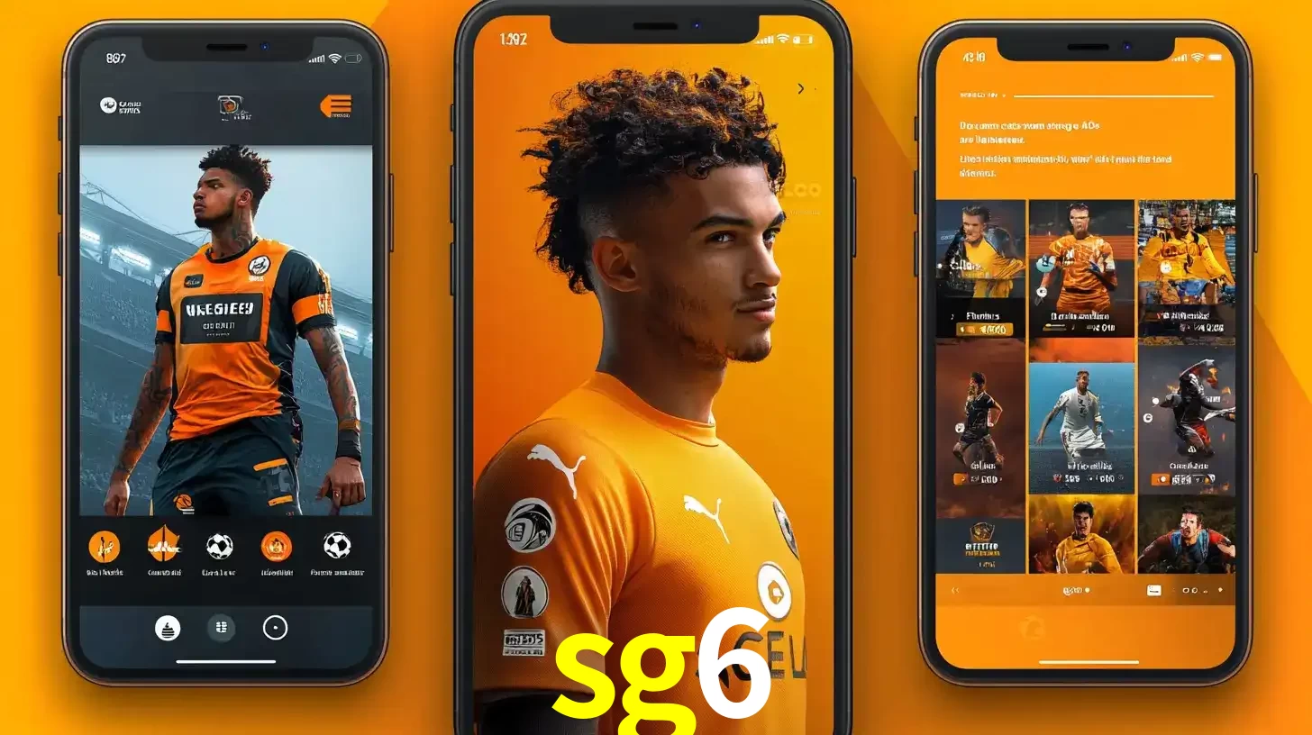 Interface do aplicativo de apostas esportivas sg6 em três telas de celular, mostrando o perfil de um jogador de futebol e a lista de jogos disponíveis para apostar.