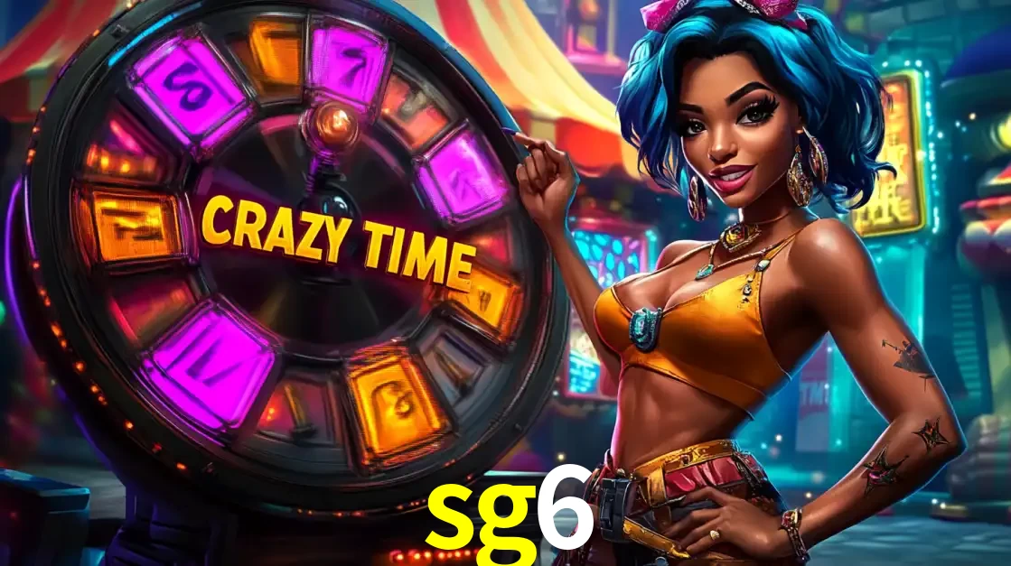 Mulher estilizada com cabelo azul e visual vibrante posando ao lado da roda de prêmios do game show Crazy Time, convidando para a diversão e os bônus do cassino sg6.