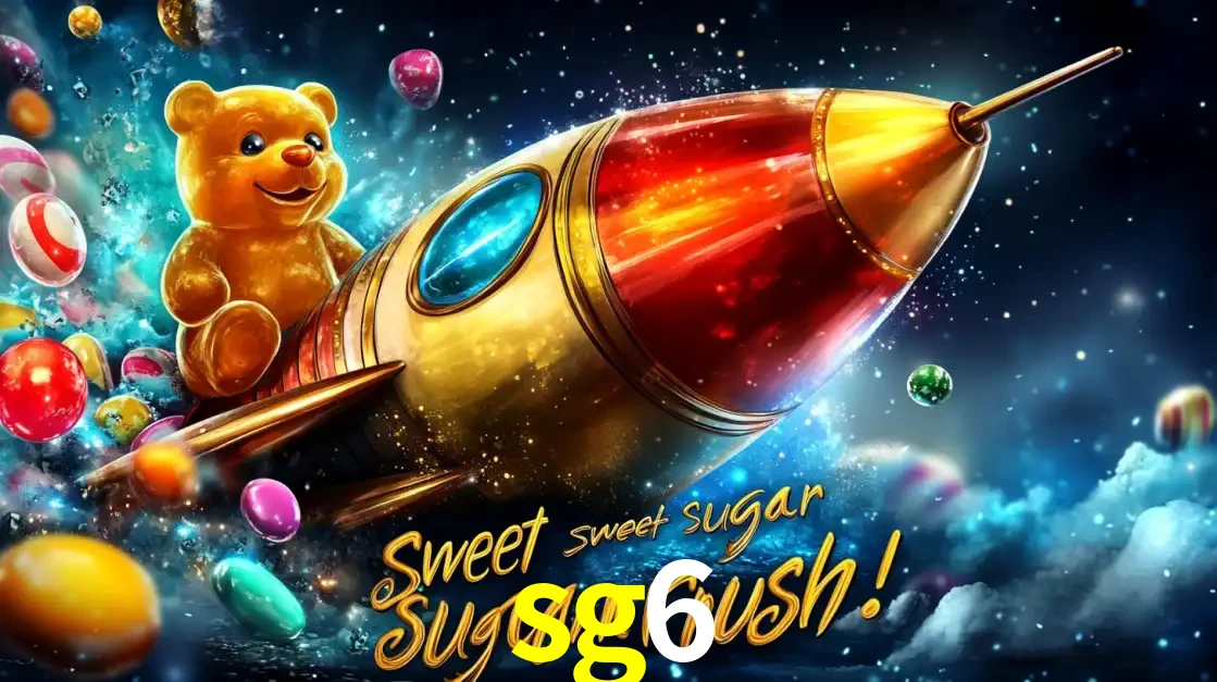 Arte promocional do jogo de slot Sugar Rush, com um urso de pelúcia em um foguete viajando pelo espaço de doces, um dos jogos divertidos disponíveis no cassino sg6.