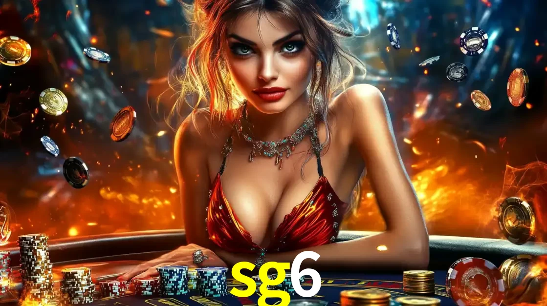 Mulher em uma mesa de cassino com pilhas de fichas e um fundo de fogo, pronta para uma rodada de altas apostas nos jogos de mesa emocionantes do cassino sg6.