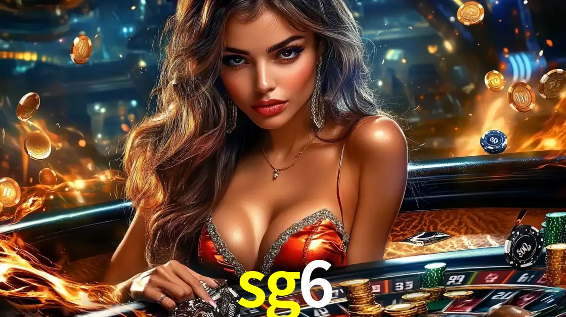 Mulher glamourosa em uma mesa de roleta com um fundo de chamas e moedas voadoras, pronta para fazer sua aposta e ganhar grandes prêmios no cassino ao vivo sg6.