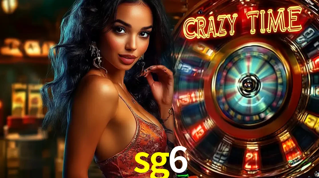 Mulher elegante ao lado da vibrante roda da fortuna do jogo de cassino ao vivo Crazy Time, um dos game shows mais populares e cheios de prêmios do sg6.