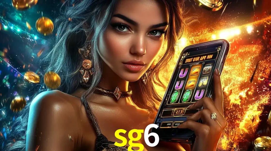 Mulher elegante mostrando um jogo de caça-níqueis em seu smartphone, destacando a experiência de cassino móvel oferecida pelo aplicativo sg6.