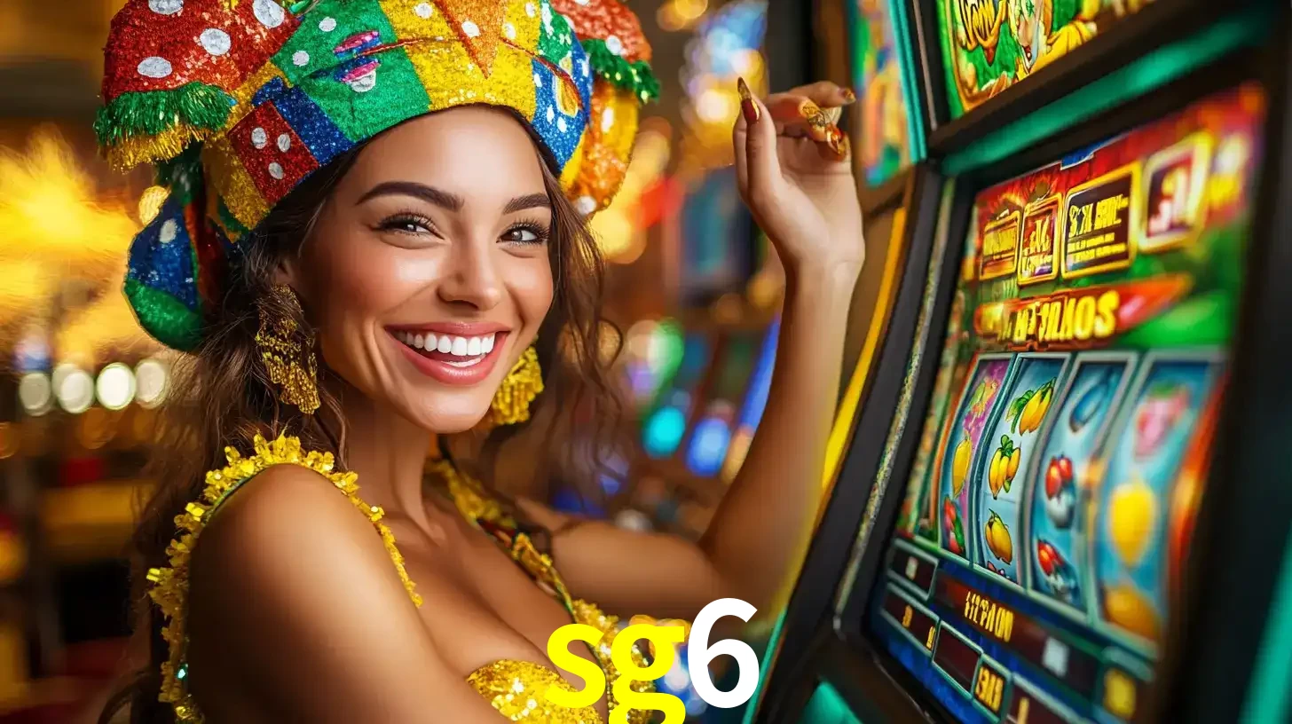 Mulher feliz com traje de carnaval amarelo e colorido ao lado de uma máquina de caça-níqueis, aproveitando a diversão e os jogos temáticos do cassino sg6.