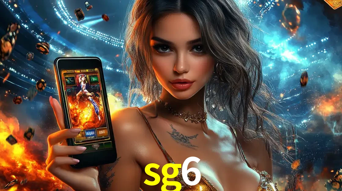 Mulher segurando um celular com um jogo de slot em destaque, tendo como fundo um estádio vibrante, simbolizando a emoção de jogar no cassino móvel sg6.
