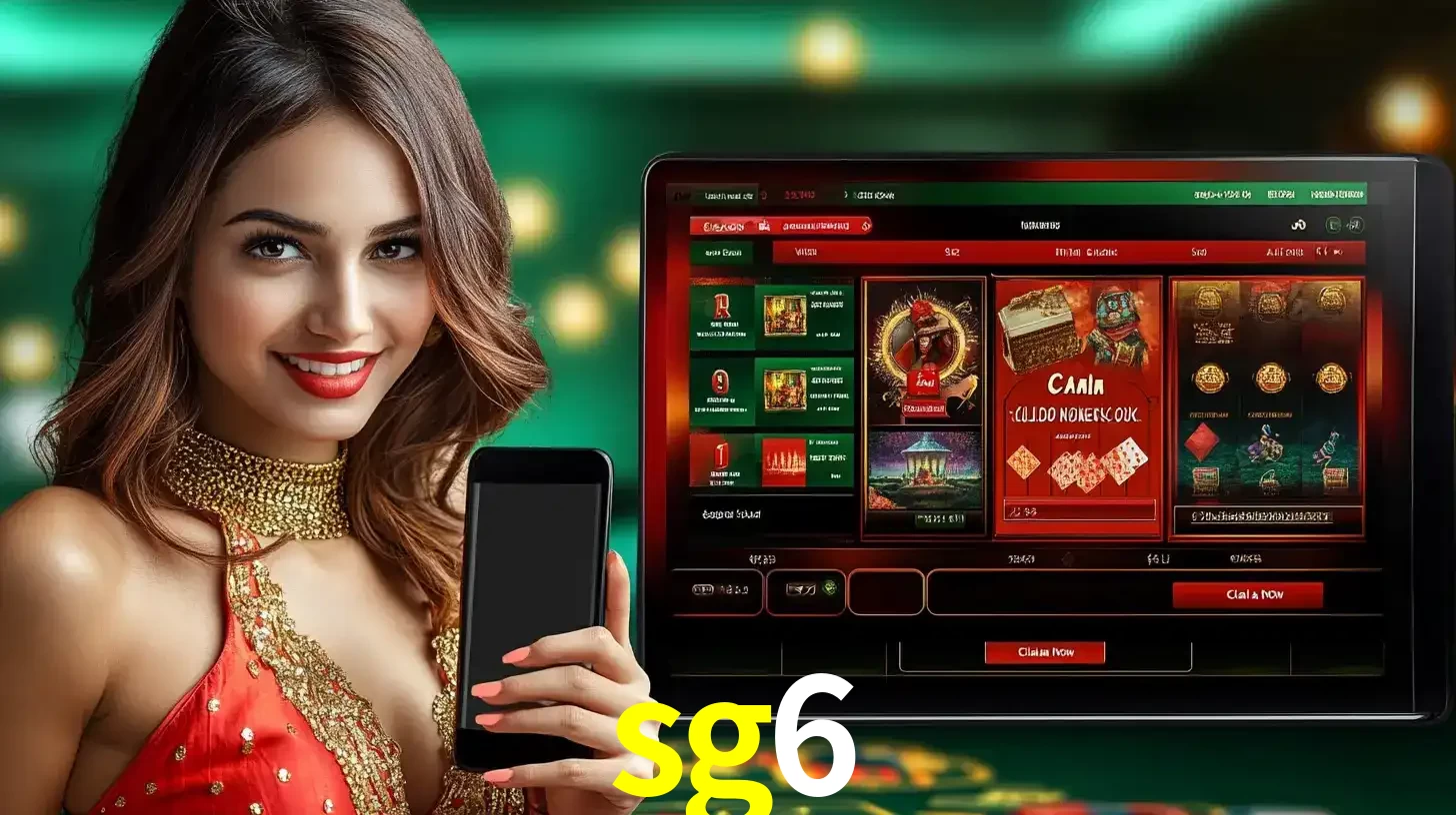 Mulher sorridente segurando um smartphone, ao lado de uma tela exibindo o lobby de jogos do cassino online sg6, com várias opções de jogos de cartas e slots.